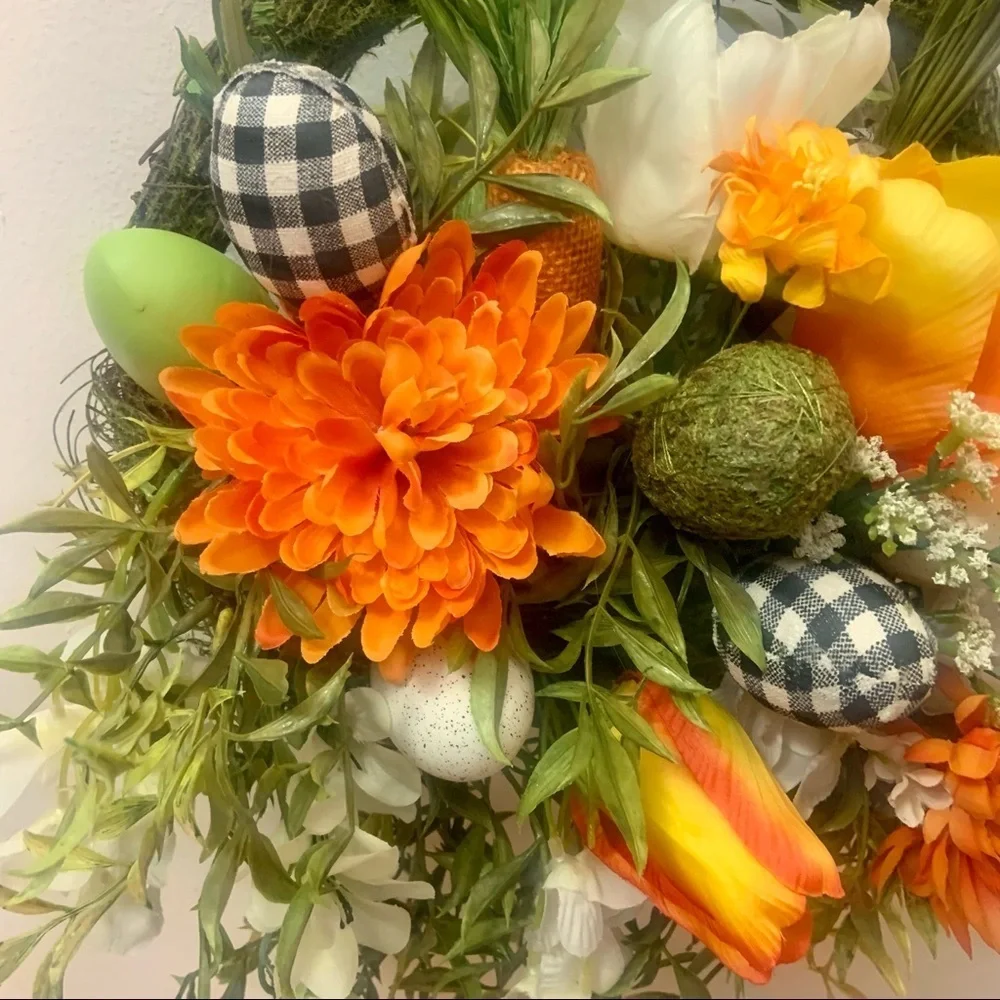 Easter Bunny Shaped Moss Floral Spring Orange Wreath Farmhouse Black White Plaid